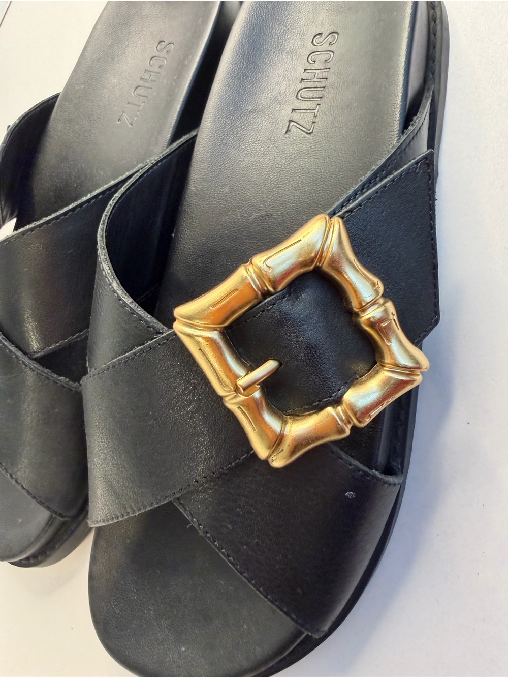 Schutz Ebola Black Leather Slide Sandals with Gold Bamboo Buckle size 8 - Picture 12 of 12